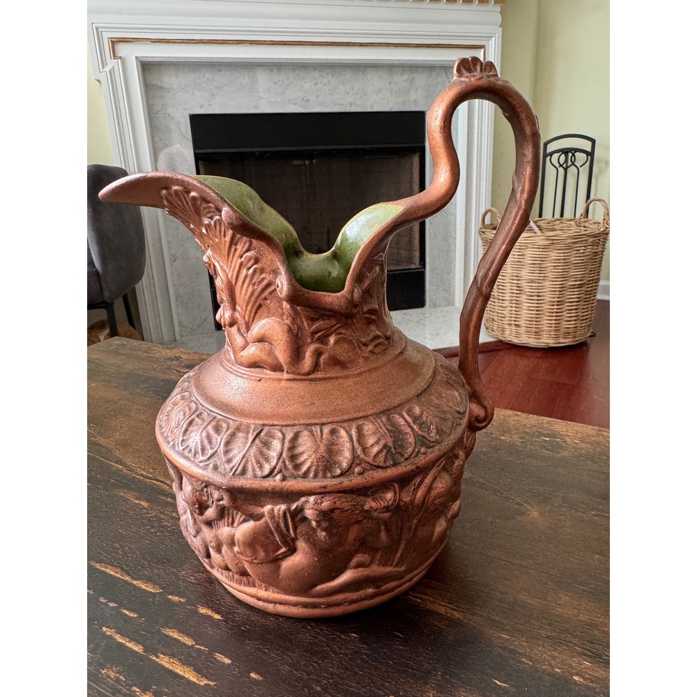 Vintage Copper Tone Pottery Pitcher Ewer Mermaid Triton Relief Green Interior